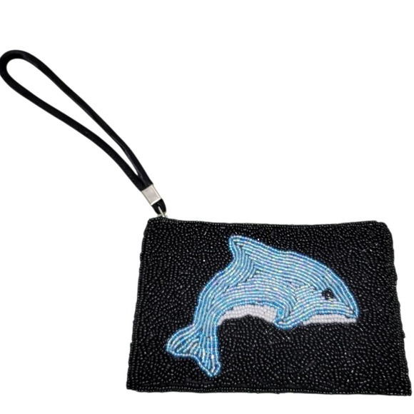 Beaded Wristlet Pouch Black Blue Dolphin Pattern Evening Clutch HG10284 - Picture 1 of 4